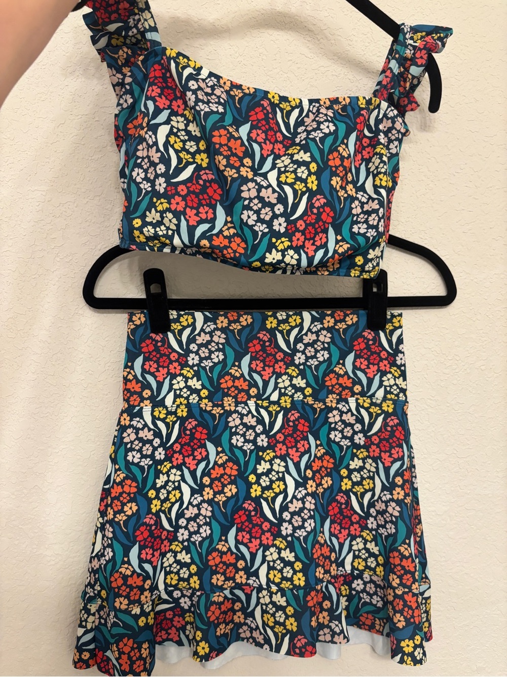 Albion Fit Navy Floral Ruffle Swim Top & Skirt Set in Multicolor Blooms